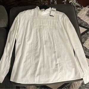 Ralph Lauren White Lace Long Sleeve Blouse Ruffled High Neck